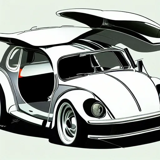 Prompt: What if Syd Mead designed a Volkswagen Beetle, gullwing side doors, concept art, trending on artstation