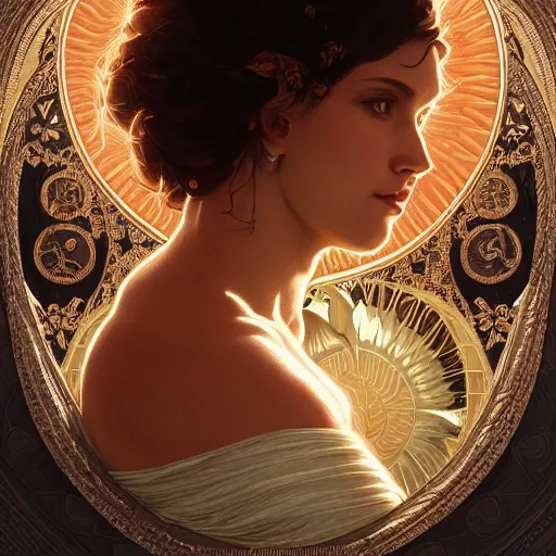 Image similar to portrait of the goddess of the sun, D&D, fantasy, intricate, elegant, highly detailed, digital painting, artstation, smooth, sharp focus, illustration, art by artgerm and greg rutkowski and alphonse mucha