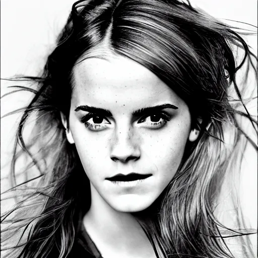 Image similar to Emma Watson closeup face shoulders very long hair hair slightly open lips Vogue fashion shoot by Peter Lindbergh fashion poses detailed professional studio lighting dramatic shadows professional photograph by Cecil Beaton, Lee Miller, Irving Penn, David Bailey, Corinne Day, Patrick Demarchelier, Nick Knight, Herb Ritts, Mario Testino, Tim Walker, Bruce Weber, Edward Steichen, Albert Watson