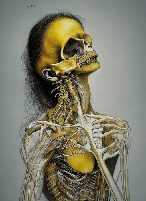 Image similar to masterpiece, woman, bones and veins, yellow, marco mazzoni, zdzislaw beksinksi