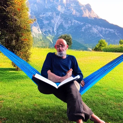 Prompt: my italian wise friend on a hammock, reading the book about love, mountains in a background