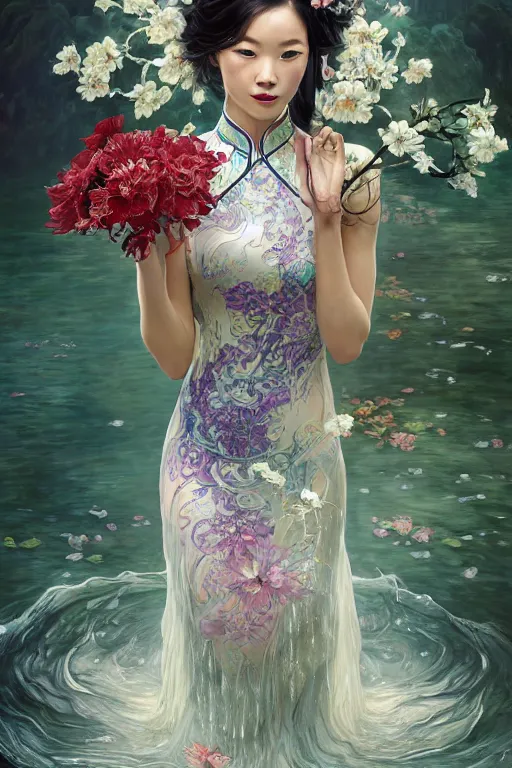 Image similar to portrait of a beautiful woman wearing a cheongsam dress, holding a bouquet of flowing flowers, drenched body, silver hair, emerging from the water, dark fantasy, regal, fractal crystal, fractal gems, by ross tran, stanley artgerm lau, thomas kindkade, alphonse mucha, loish, norman rockwell