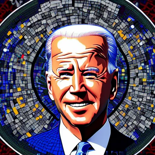 Image similar to portrait mosaic of a joe biden with robot ears and eyes, 4k, intricate details, digital, sun in the background