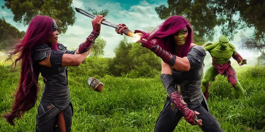 Prompt: beautiful photograph of Gamora taking mate with Scorpion from Mortal Kombat in the field with an ombú in the background. Medium shot.