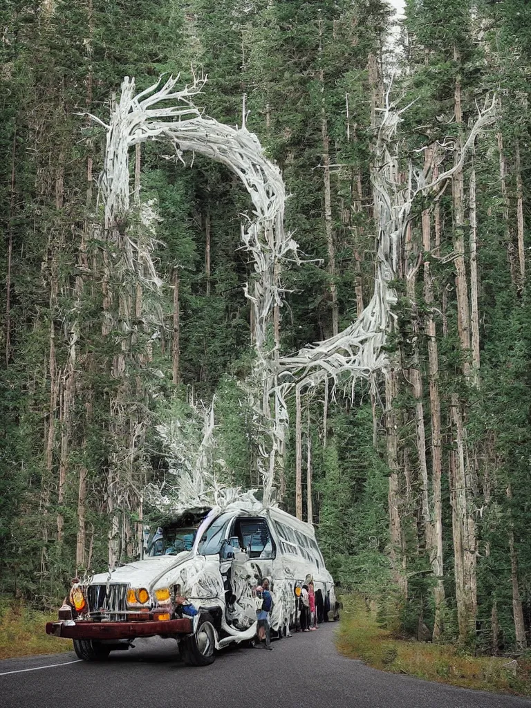 Image similar to a white school bus in the forest driving through a portal, hyper-detailed, digital art, artist Bev Dolittle