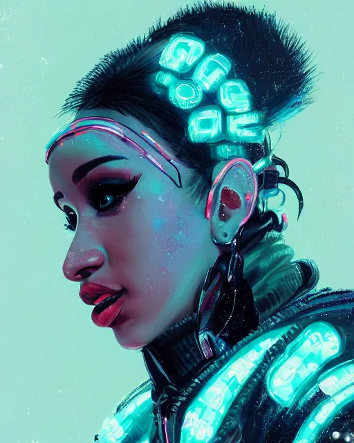 Prompt: detailed side profile portrait Cardi B, cyberpunk futuristic neon, reflective puffy coat, decorated with traditional Japanese ornaments by Ismail inceoglu dragan bibin hans thoma greg rutkowski Alexandros Pyromallis Nekro Rene Maritte Illustrated, Perfect face, fine details, realistic shaded, fine-face, pretty face
