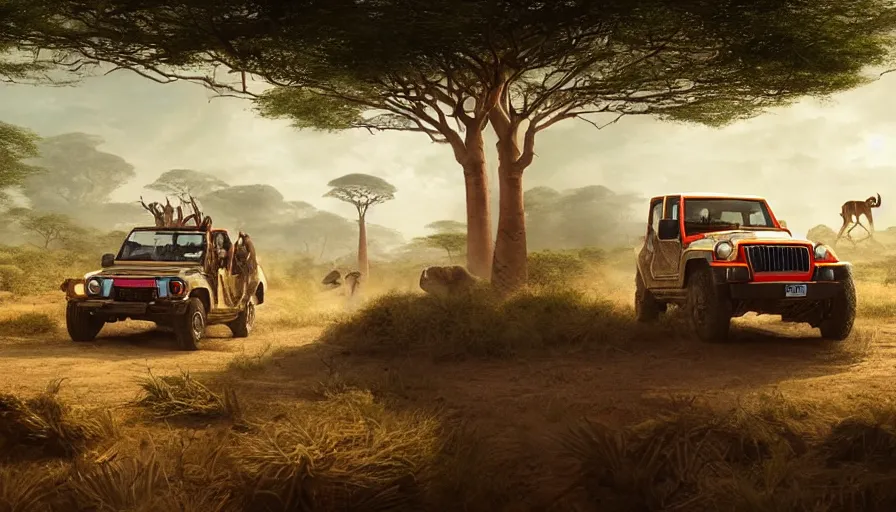 Image similar to mahindra thar driving through madagascar road with baobabs trees, animals running along, tribe members attacking, action scene, an epic fantasy, wide shot, artgerm, trending on artstation, masterpiece, by greg rutkowski, by ross tran, by fenghua zhong, octane, soft render, ultrarealistic, colorful, cinematic, midsommar