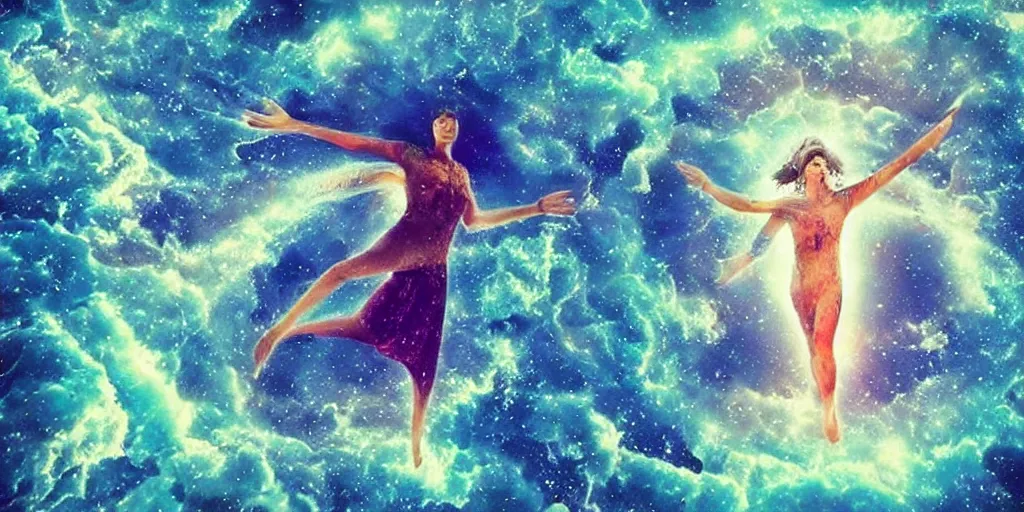 Image similar to Flying with the astral body to the oniric world. Magical, astral, cosmic. Inspiring , beautiful and symbolic.