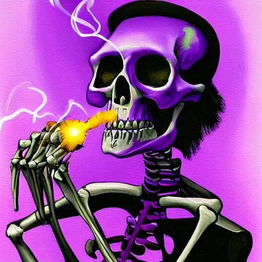 Image similar to a painting of a skeleton wearing a business suit and smoking a glowing purple cigar with glowing purple eyes, digital art, portrait, detailed