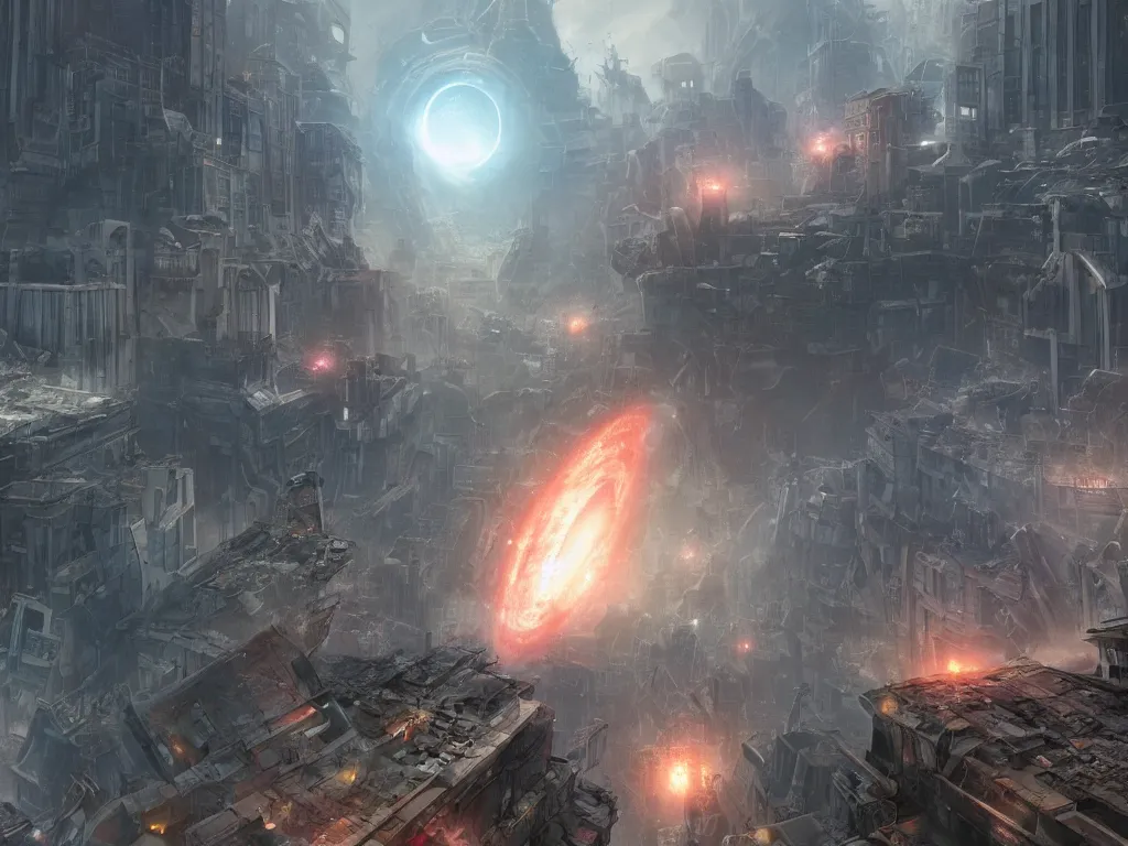 Prompt: movie still of a black hole destroying the city, large part of buildings are flying into the black hole, post apocalypse, epic art, singularity, artstation, highly detailed, art by tyler edlin, greg rutkowski 4 k
