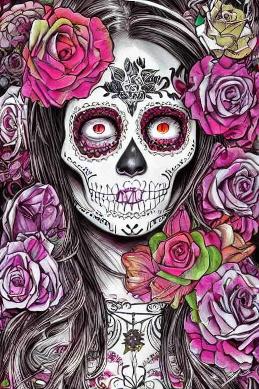 Prompt: illustration of a sugar skull day of the dead girl, art by Yoshitaka Amano