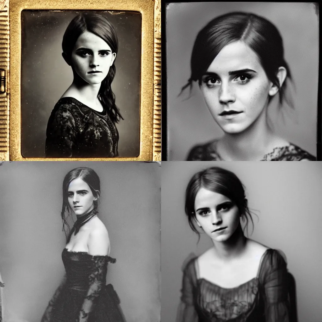 Prompt: A daguerreotype photograph of Emma Watson