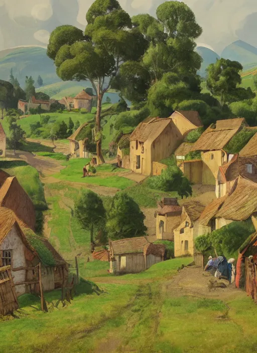 Image similar to painting of a village in the countryside, a storybook illustration by john wonnacott, behance contest winner, synthetism, matte drawing, detailed painting, storybook illustration