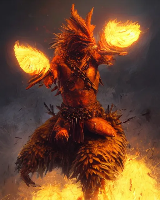 Image similar to oil painting of Angry Anthropomorphized Chicken Berserker, wearing fur armor, claws, sharp focus, attack pose, fantasy style, octane render, volumetric lighting, 8k high definition, by greg rutkowski, highly detailed, trending on art Station, magic the gathering artwork, burning Battlefield background, centered