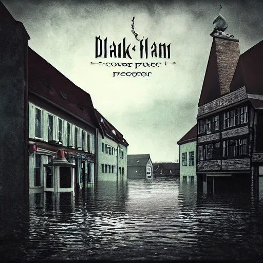 Prompt: Album Cover art for a dark ambient music project depicting a small german town being flooded