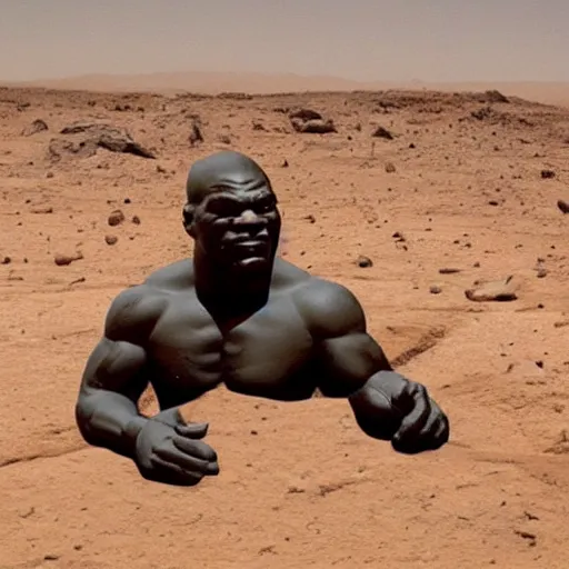 Prompt: a statue of mike tyson on mars, with earth as a little dot in the background in space.