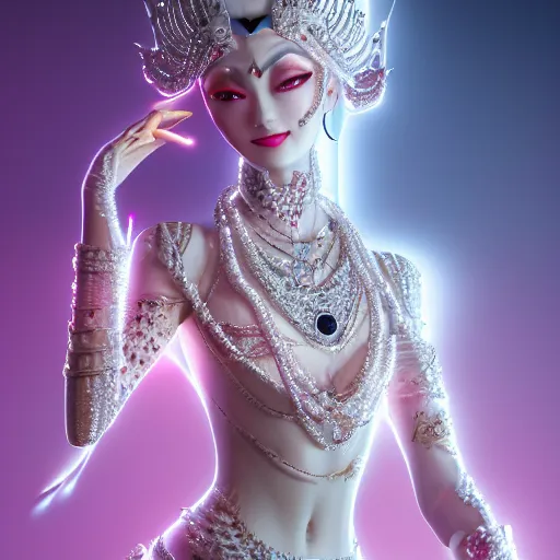 Image similar to portrait of wonderful asian princess of white diamond with fair skin, ornate with white diamonds, 8 k, gorgeous, intricate, hyper detailed, glowing white accent lighting, dramatic lighting, octane render