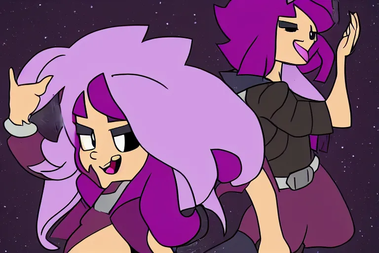 Prompt: amethyst from steven universe throws a molotov cocktail, purple short plus size woman with thick shaggy pale purple hair, incredibly evocative photography, rule of thirds, nighttime image