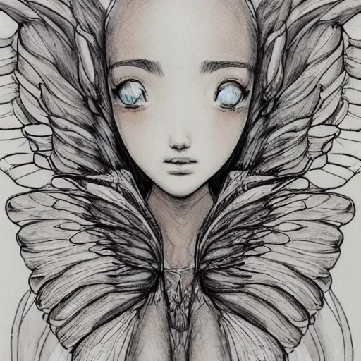 Prompt: portrait of a fairy girl, wearing a hoodie and sweatpants, symmetrical wings, wings made of pizza, basic white background, symmetrical, watercolor, pen and ink, intricate line drawings, by Yoshitaka Amano, Ruan Jia, Kentaro Miura, Artgerm, detailed, trending on artstation, hd, masterpiece,