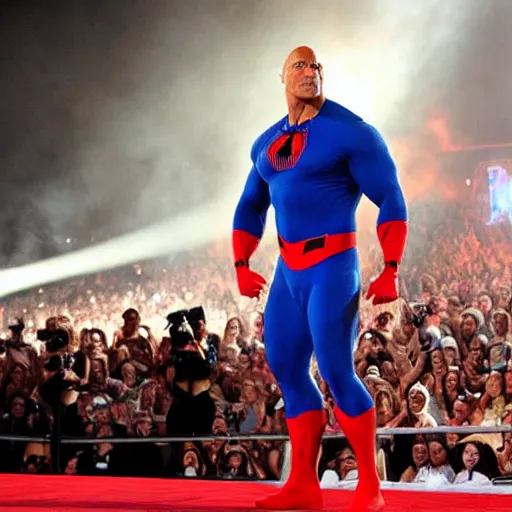 Prompt: dwayne johnson smackdown entrances wearing spiderman costumes, camera angle