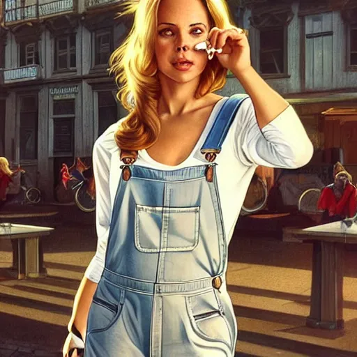 Image similar to portrait of a blonde fuller figured barbara bach from the bond film wearing dungarees and eating ice creams in porto, real life skin, intricate, elegant, highly detailed, artstation, concept art, smooth, sharp focus, art by artgerm and greg rutkowski and alphonse mucha