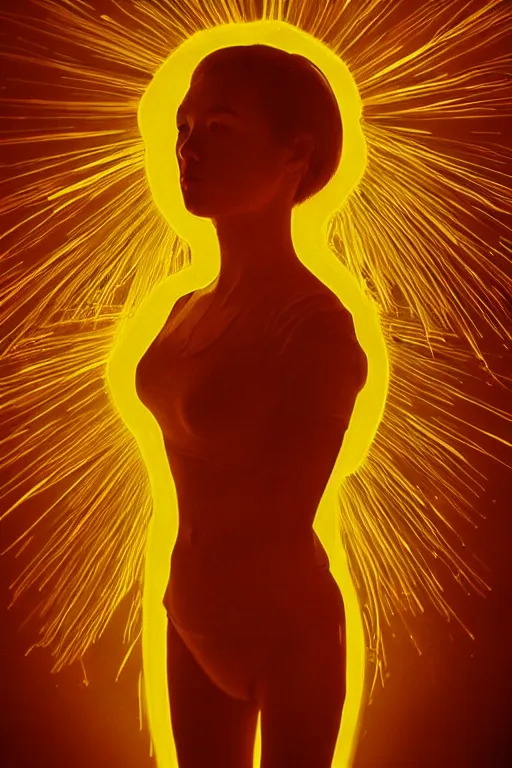 Image similar to human silhouette, large diffused glowing aura, long exposure, film grain, cinematic lighting, maximum detail, art by janice sung