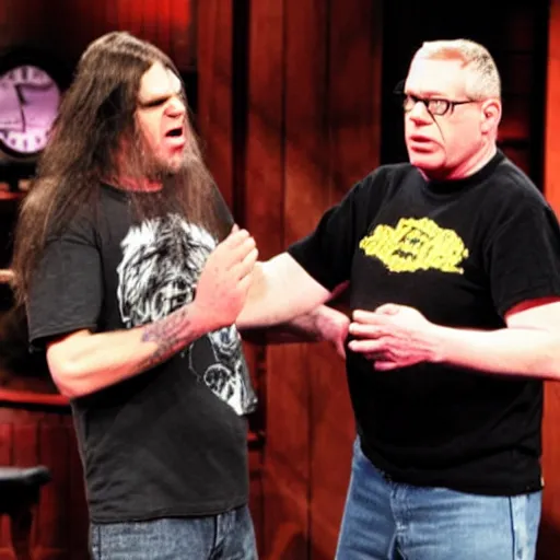 Image similar to George Fischer from cannibal corpse shows off his neck on Jerry Springer in the style of Moebius