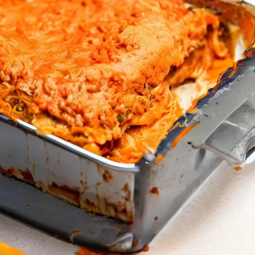 Image similar to ((orange)) tabby cat standing in lasagna, messy, photo, detailed, 4k