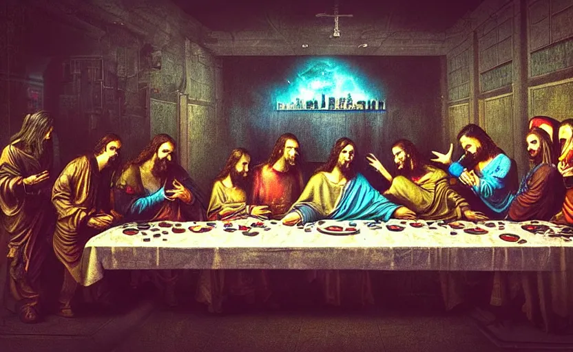 Image similar to the last supper cyberpunk style shot atmospheric