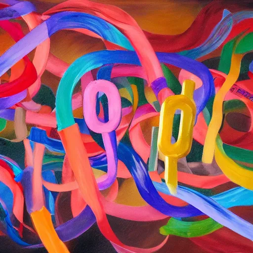 Prompt: ethereal and expressive oil painting of ribbons of random letters floating around a person
