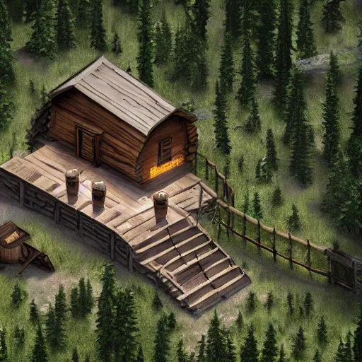 Image similar to concept art of a cabin in the woods, isometric view, detailed, volumetric lighting, unreal engine