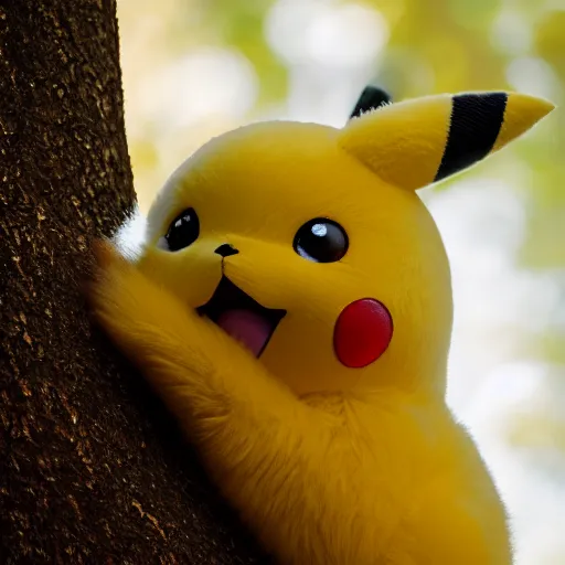 Prompt: photo of pikachu in a tree, fur, realistic, national geographic