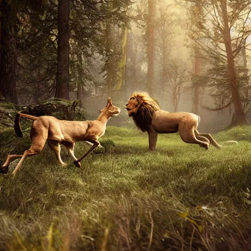 Image similar to lion chasing a deer in the forest, masterpiece, highly detailed, high quality, 4 k, anatomically correct, hyperrealistic, concept art, octane render, unreal engine 5, trending on artstation, trending on deviantart, matte, historical painting, fantasy style, path traced, high coherence, soft lighting, digital painting, mythical