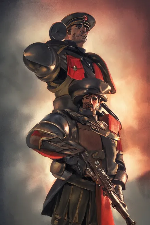 Image similar to Portrait of Male commissar. warhammer 40k setting. Shaded lighting. by Ilya Kuvshinov, Rob Rey, Giuseppe Dangelico Pino. Cinematic. Dark Lighting. Rule of Thirds. Imposing, pointing, heroic, detailed, realistic, 8k, photorealistic, detailed eyes, detailed background