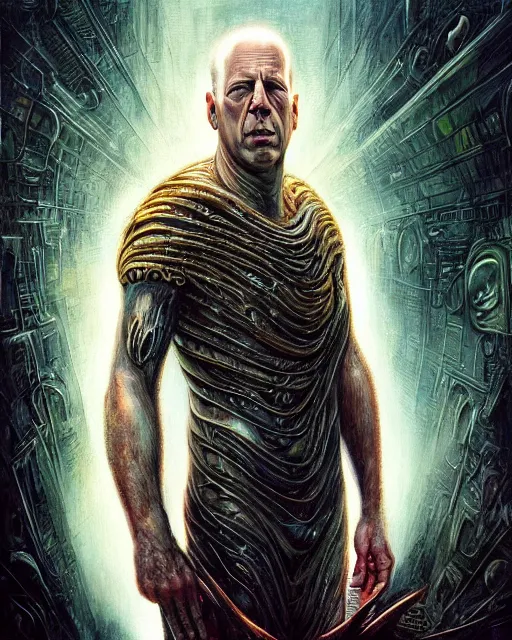 Image similar to bruce willis, by antonio j. manzanedo, giger, alex grey, android jones, wayne barlowe, philippe druillet, raymond swanland, cyril rolando, josephine wall, harumi hironaka, trending on artstation