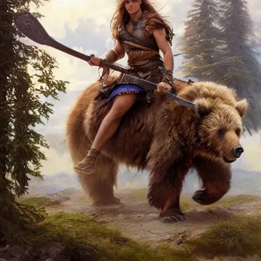 Prompt: viking barbarian emma watson riding a grizzly bear like a horse wielding a giant axe, fantasy art, hyper detailed, extremely complex, hyper realistic art by artgerm and greg rutkowski and alphonse mucha