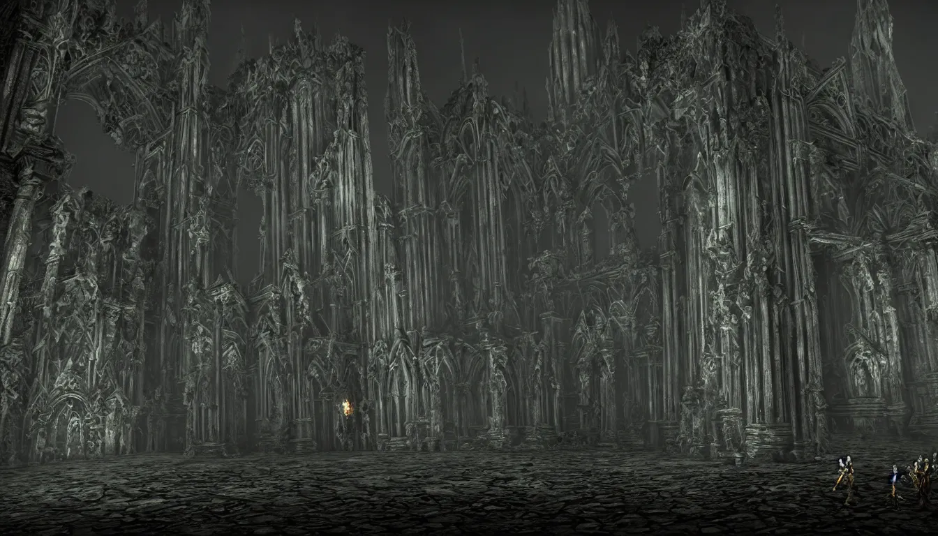 Image similar to dark gothic cathedral realm of darkness, side - scrolling 2 d platformer game level, sinister fog through the pillars, ancient temple ruins, dramatic midnight sun illuminates areas, volumetric light, detailed entangled bodies on walls, bleak decaying color, upscale, 8 k