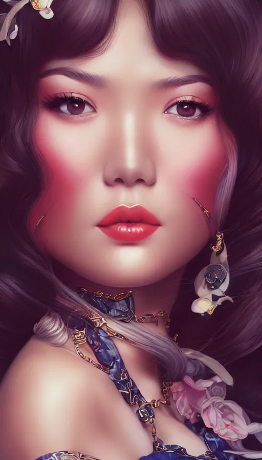 Image similar to a pin up and beautiful fashion and charming and dreamlke asian girl with lv jewelry, medium shot, art by artgerm & ross tran & wlop, hyperdetailed, 8 k realistic, symmetrical, frostbite 3 engine, cryengine, dof, trending on artstation, digital art