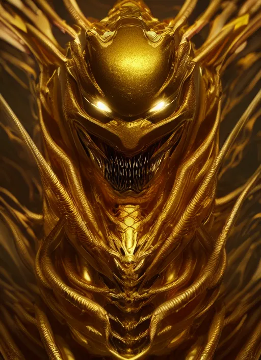 Image similar to gold venom, naturel, hyper detailed, digital art, trending in artstation, cinematic lighting, studio quality, smooth render, unreal engine 5 rendered, octane rendered, art style by klimt and nixeu and ian sprigger and wlop and krenz cushart