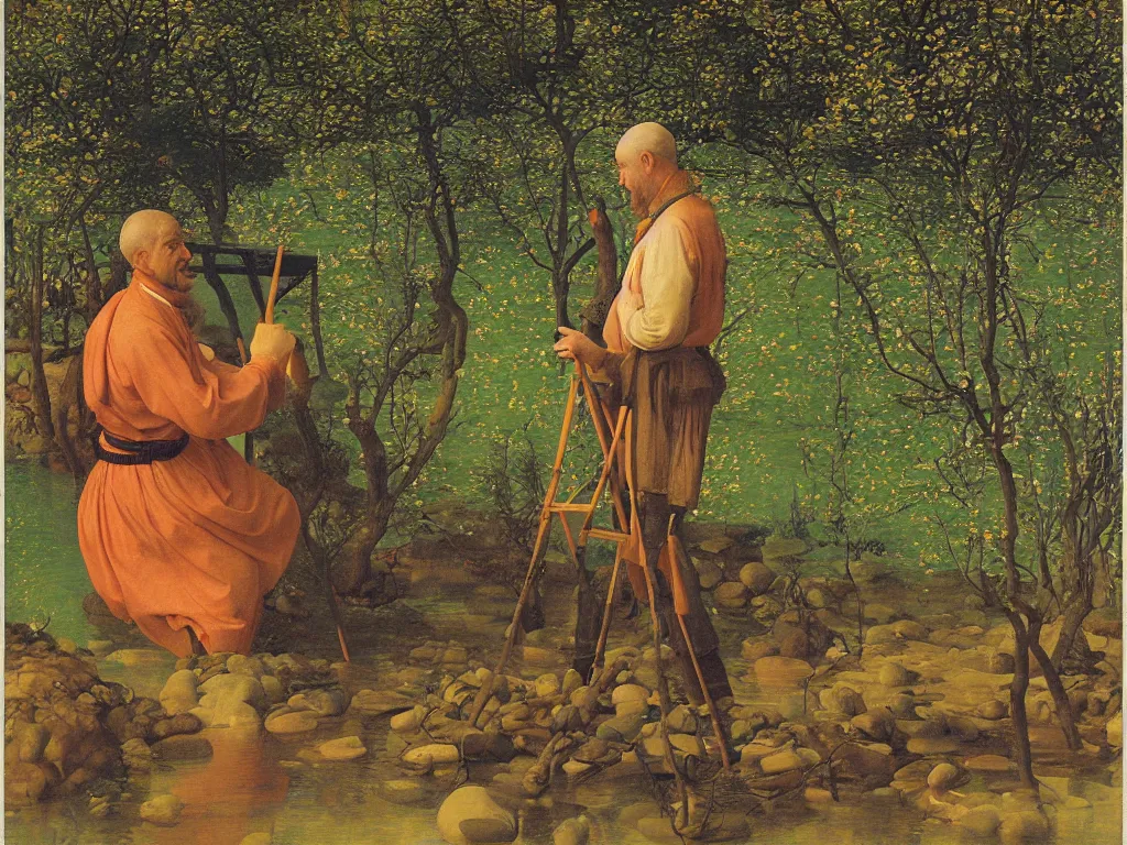 Prompt: Portrait of an artist painting at his easel knee deep in a river. Humanoid rocks, coral-like pebbles, spring orchard in bloom. Painting by Jan van Eyck, Georges de la Tour, Rene Magritte, Jean Delville, Max Ernst