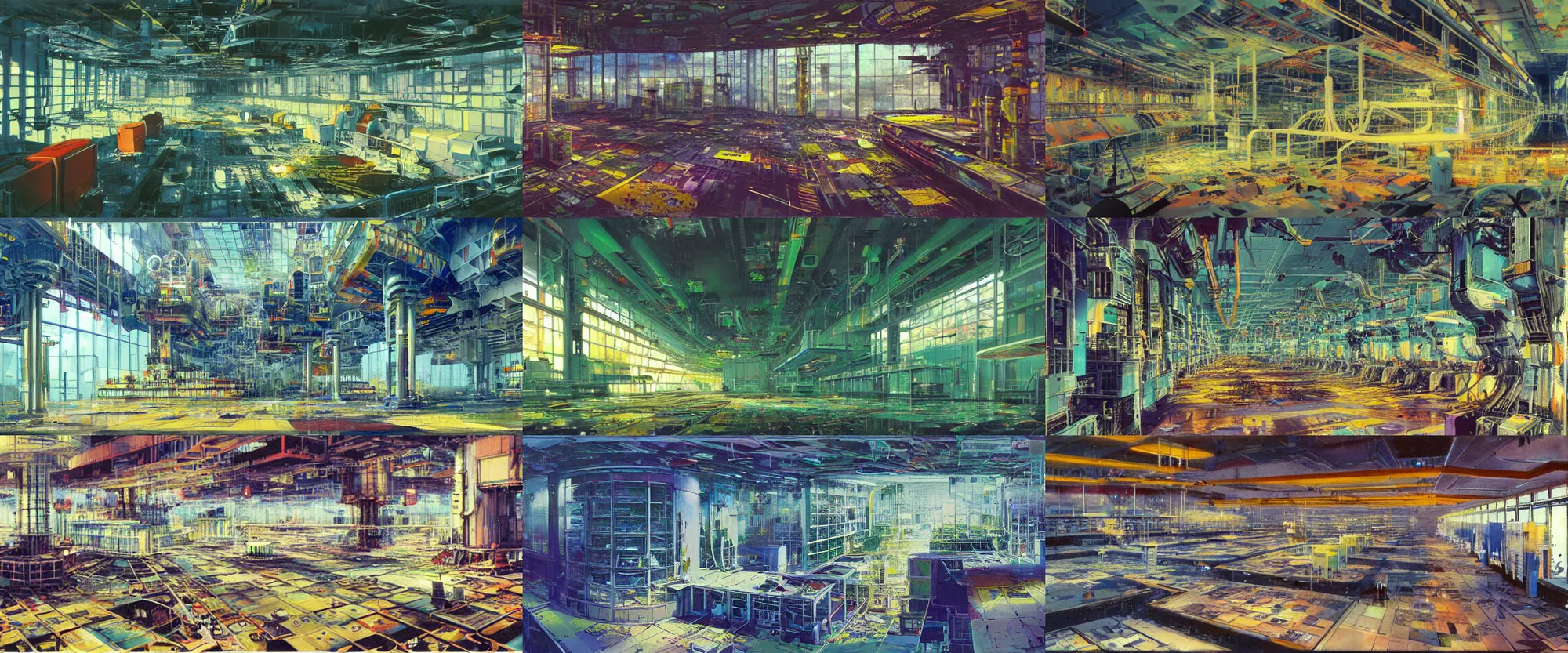 Prompt: Colorful, creepy John Berkey landscape painting of detailed interior of giant scientific research facility LABO, area N, nuclear reactor, floor B2, anime key visual