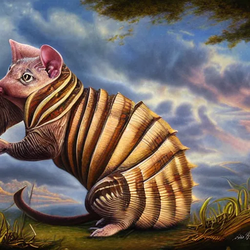 Prompt: a detailed fantasy painting of a hybrid between cat and armadillo, by lauri blank, artgerm, evelyn de morgan, 8K, 50mm lens