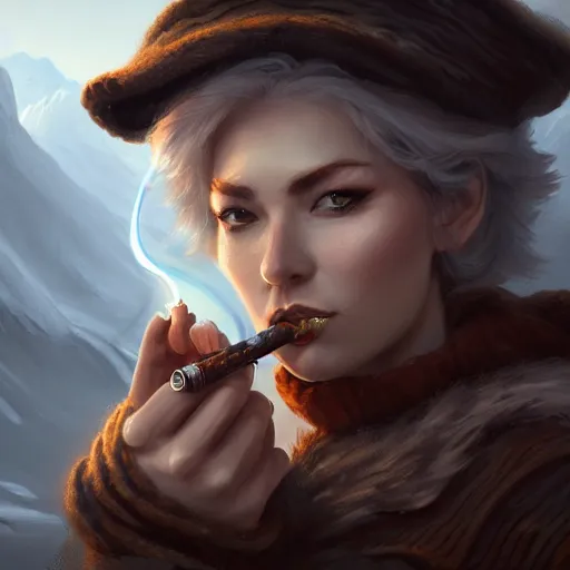 Prompt: mage smoking pipe, female, glacier landscape, D&D, fantasy, intricate, elegant, highly detailed, digital painting, artstation, octane render, concept art, matte, sharp focus, illustration, hearthstone, art by Seb mckinnon