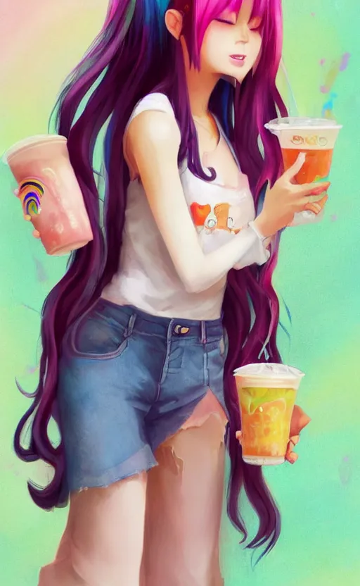 Image similar to a kawaii woman with rainbow hair, happy, summer time, holding boba tea drink, soft eyes and narrow chin, dainty figure, long hair straight down, kawaii shirt and jeans, basic white background, In style of by Jordan Grimmer and greg rutkowski, crisp lines and color