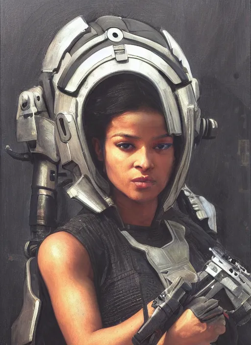 Image similar to Isabel igwe. cyberpunk mercenary wearing a futuristic helmet and combat jumpsuit. (Cyberpunk 2077, bladerunner 2049). Iranian orientalist portrait by john william waterhouse and Edwin Longsden Long and Theodore Ralli and Nasreddine Dinet, oil on canvas. Cinematic, vivid colors, hyper realism, realistic proportions, dramatic lighting, high detail 4k