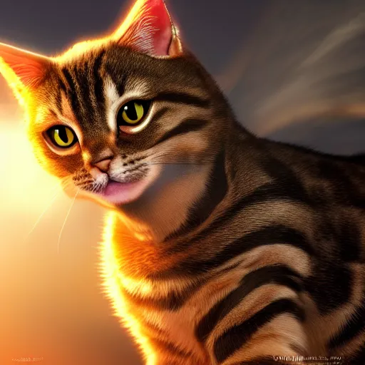 Prompt: tabby cat, golden hour, fantasy, sharp focus, digital art, hyper realistic, 4 k, unreal engine, highly detailed, hd, dramatic lighting by brom, trending on artstation, ( super saiyan goku )