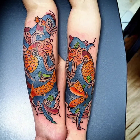 Image similar to “neotraditional tattoo of two koi fishes swimming, digital art, tattoo art, highly detailed, hiperrealistic, photorealistic, 4k UHD, Zoltán Szente, Adam K. Perjatel, Federico Spadafora”