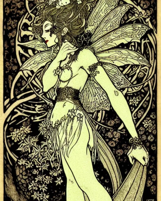Image similar to burlesque fairy, fantasy character portrait, ultra realistic, concept art, intricate details, art nouveau, japanese woodblock, cinematic, highly detailed by arthur rackham