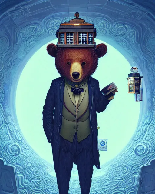 Image similar to anthropomorphic art of a detective bear in tardis, victorian inspired clothing by artgerm, victo ngai, ryohei hase, artstation. fractal papersand books. highly detailed digital painting, smooth, global illumination, fantasy art by greg rutkowsky, karl spitzweg