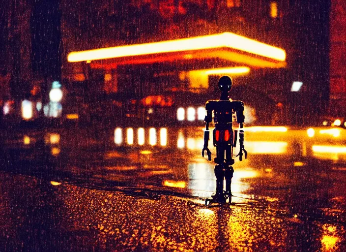 Image similar to a 2 8 mm macro kodachrome photo of a tall huge metallic cyborg droid with glowing lights, walking alone on a rainy night in the city in the 1 9 5 0's, seen from a distance, bokeh, canon 5 0 mm, cinematic lighting, film, photography, golden hour, depth of field, award - winning, neon, cyberpunk